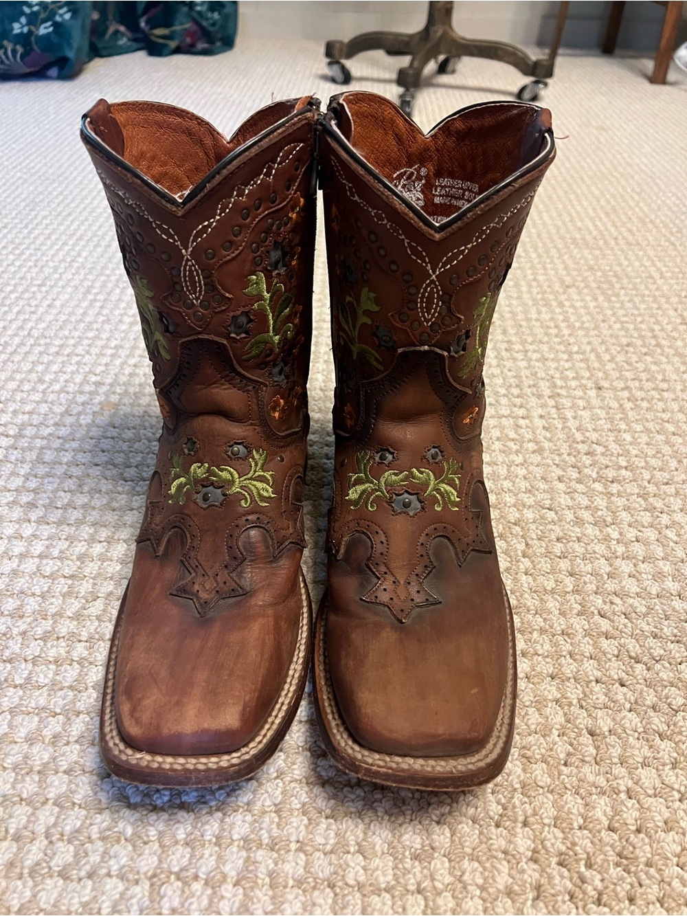 Dan Post womenโs leather Brown Western Boots with floral Embroidery